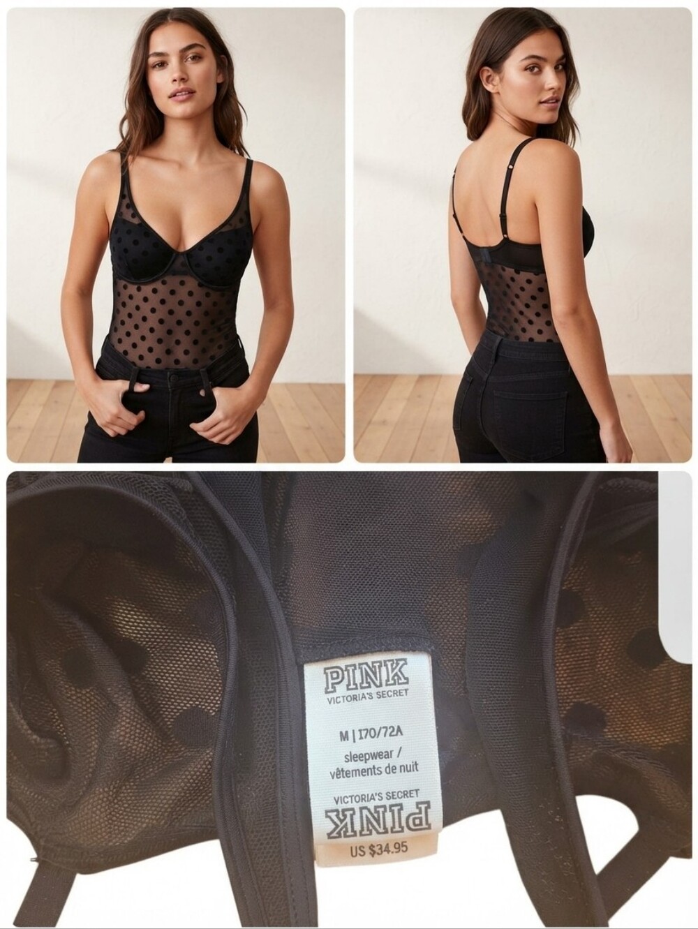 Victoria's Secret PINK Black Polka Dot Bodysuit Size Med NWT